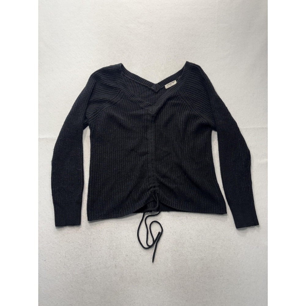 Full Circle Trends Sweater Womens 2X Plus Black V Neck Waffle Knit Drawstring